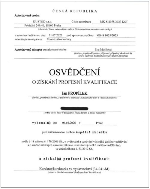 certifikát Kustod 001
